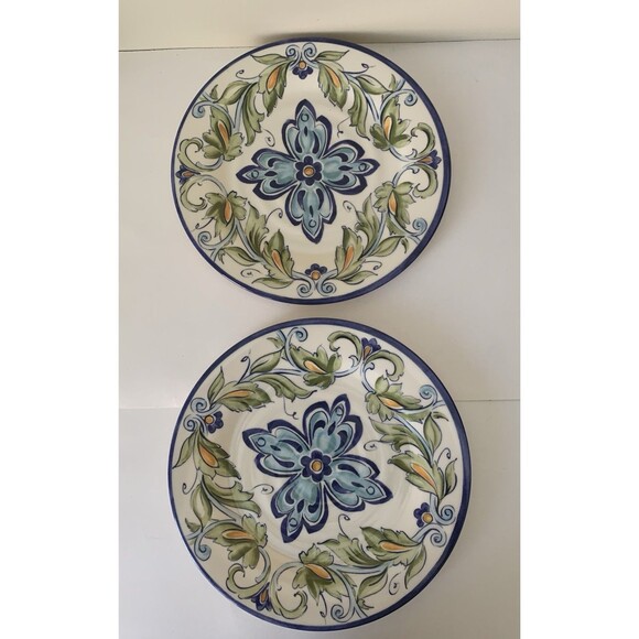 Better Homes and Gardens 2 Melamine Dinner Plates Blue Green Yellow Floral 10.5” - Picture 2 of 8